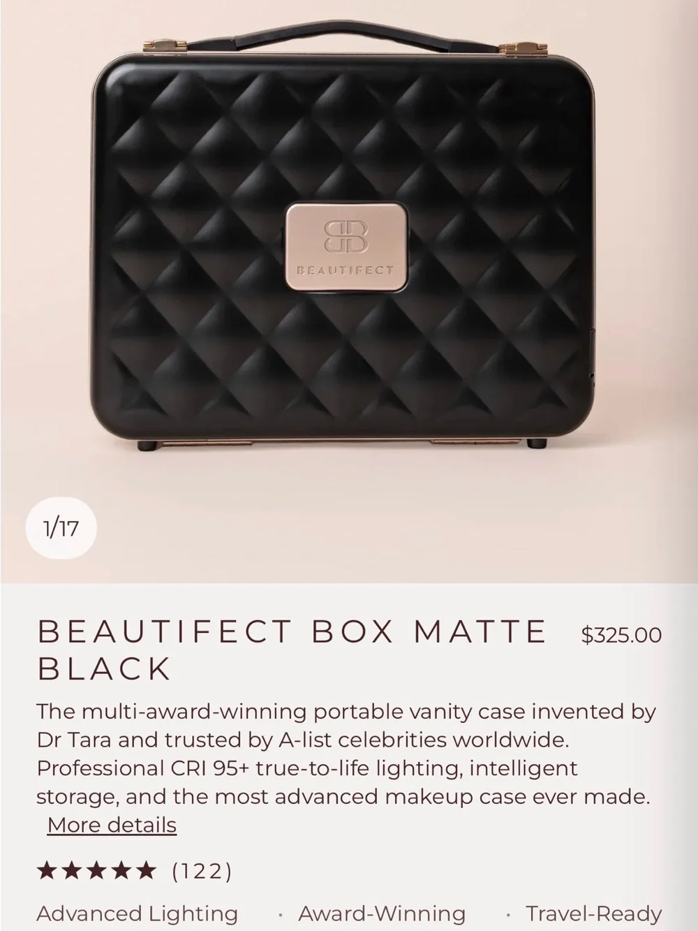 Beautifect Quilted Hard Vanity Case for Makeup Matte Black